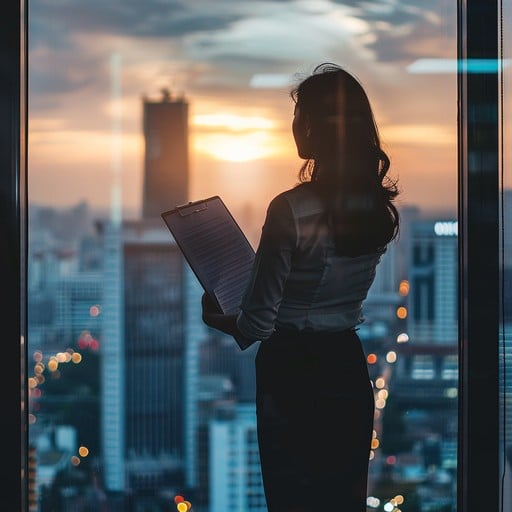 Silhouette of a woman reading by a window with a cityscape at sunset.
