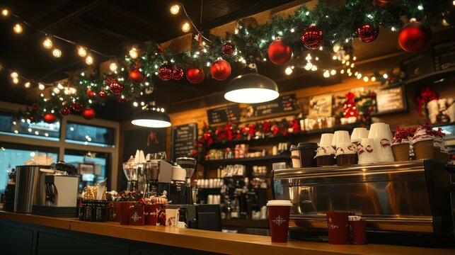 Festive coffee shop decorated with Christmas ornaments and lights.
