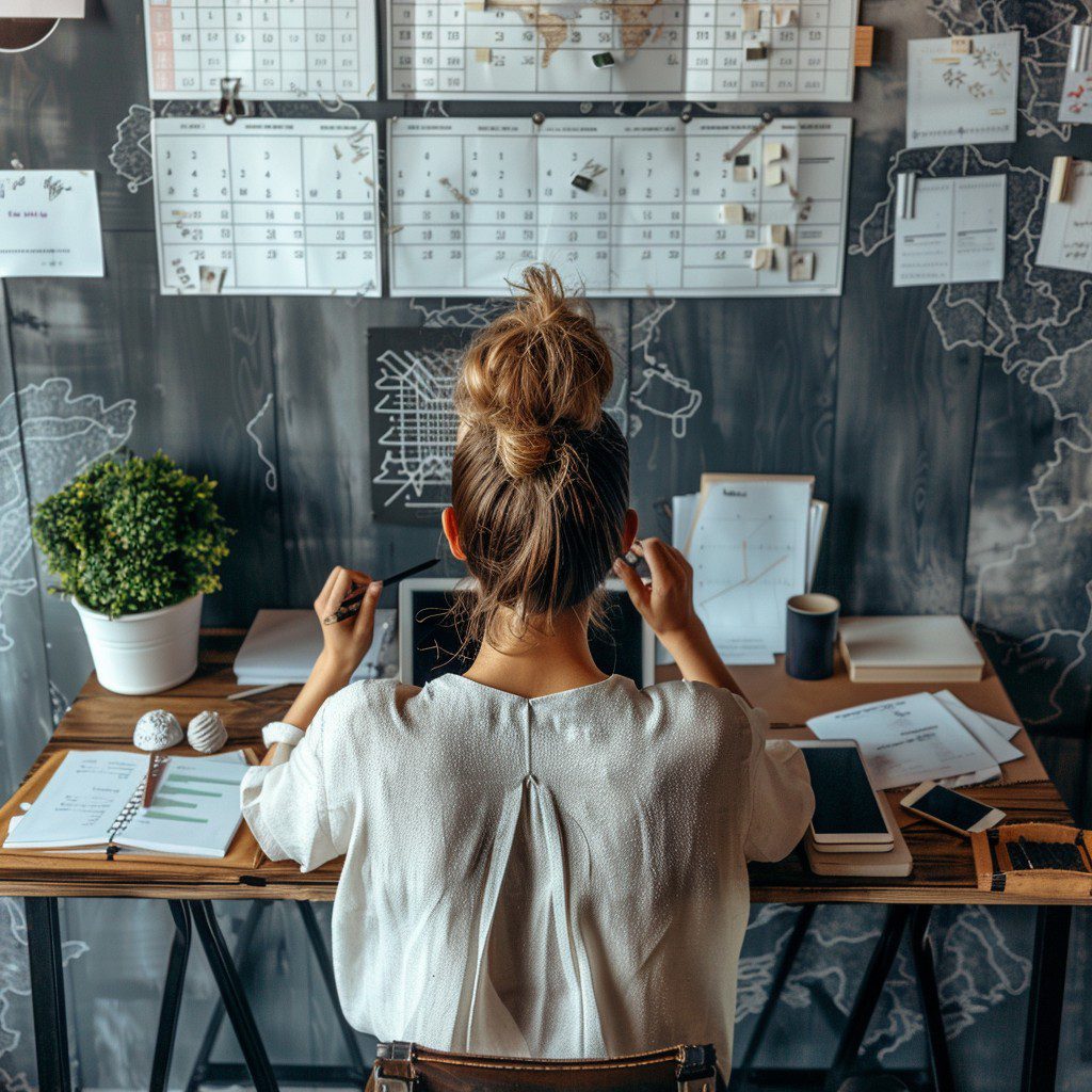 Small business owner at her desk planning with wall calendars, notes, and charts.