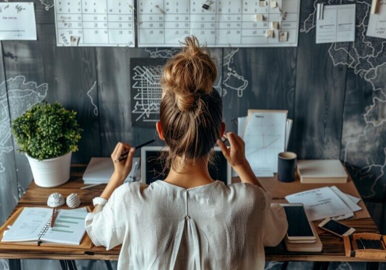 Small business owner at her desk planning with wall calendars, notes, and charts.