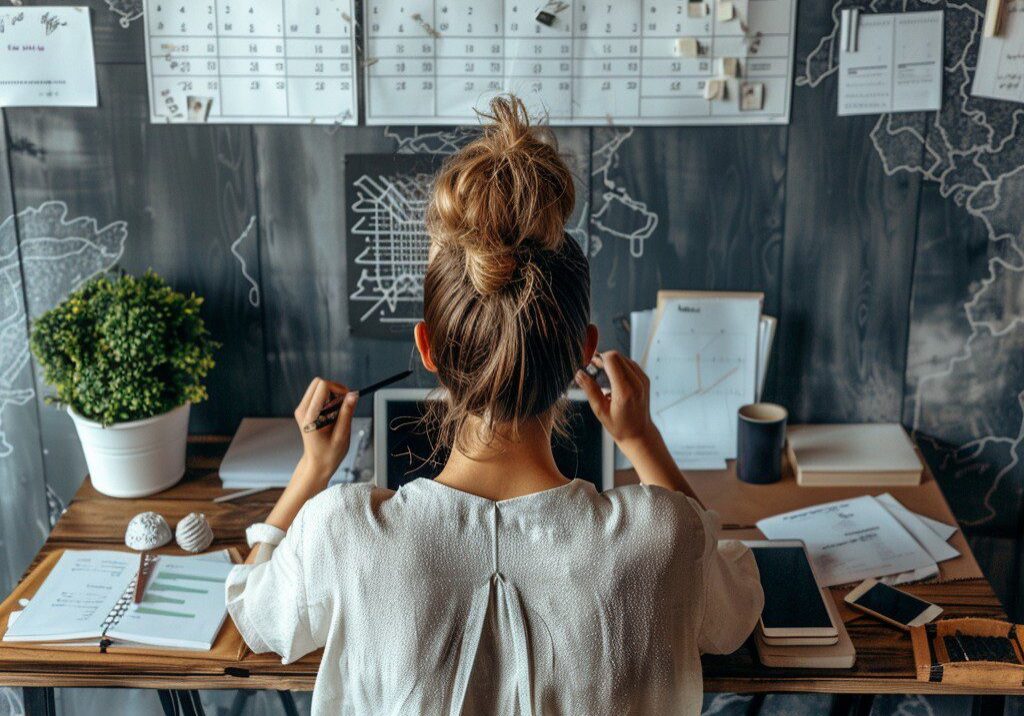Small business owner at her desk planning with wall calendars, notes, and charts.